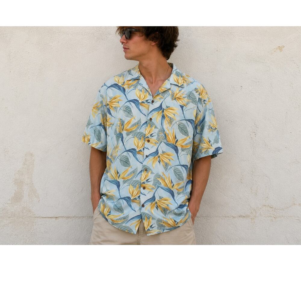 Reyn Spooner Hawaiian Shirt Mens XXL 2XL Blue Yellow Coastal Vacation Resortwear